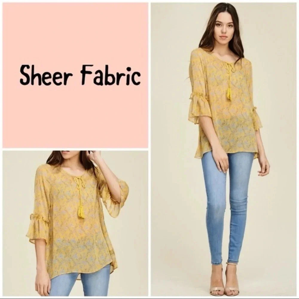 NWT Annabelle Boutique sheer mustard yellow floral top cottagecore fairy